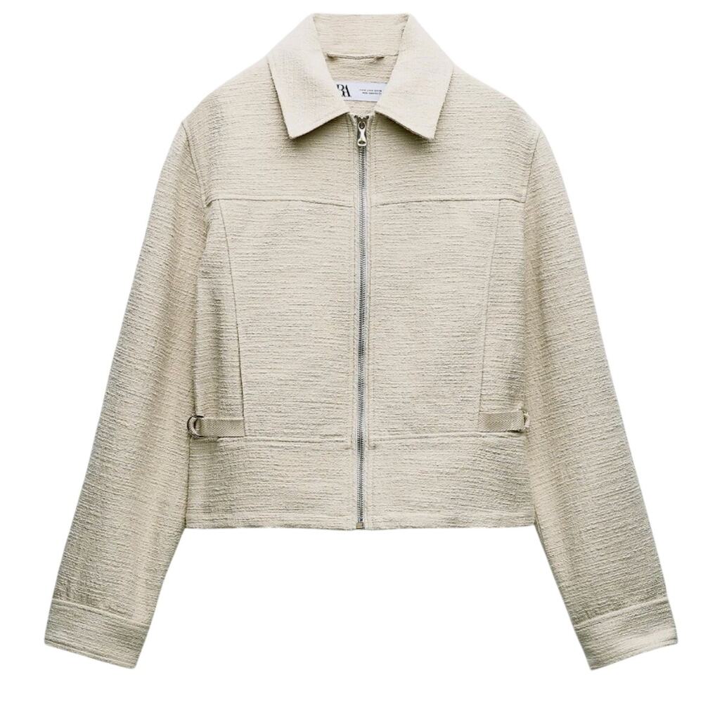 Zara Beige Textured Collared Jacket Waist Buckles Size XS Chic Neutral Minimal
